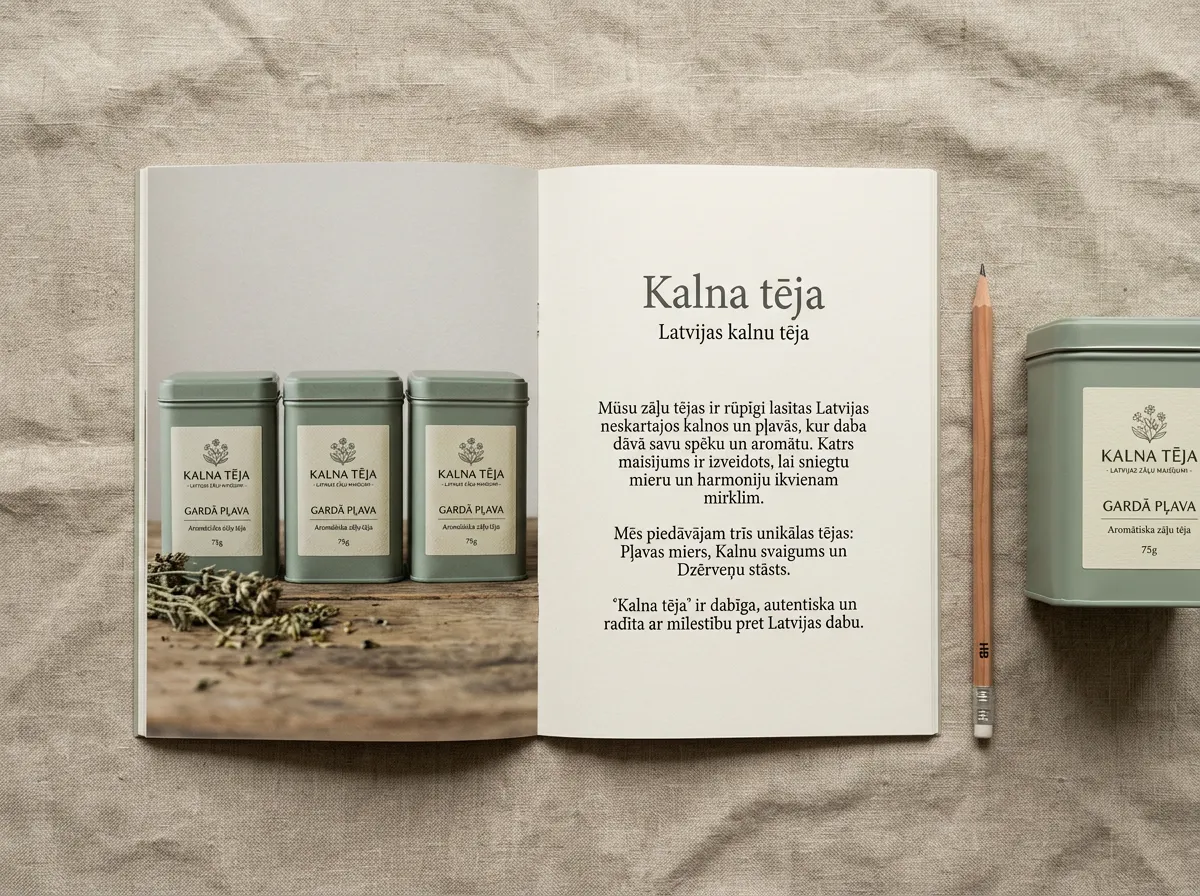 Atvērts "Kalna tēja" produktu buklets