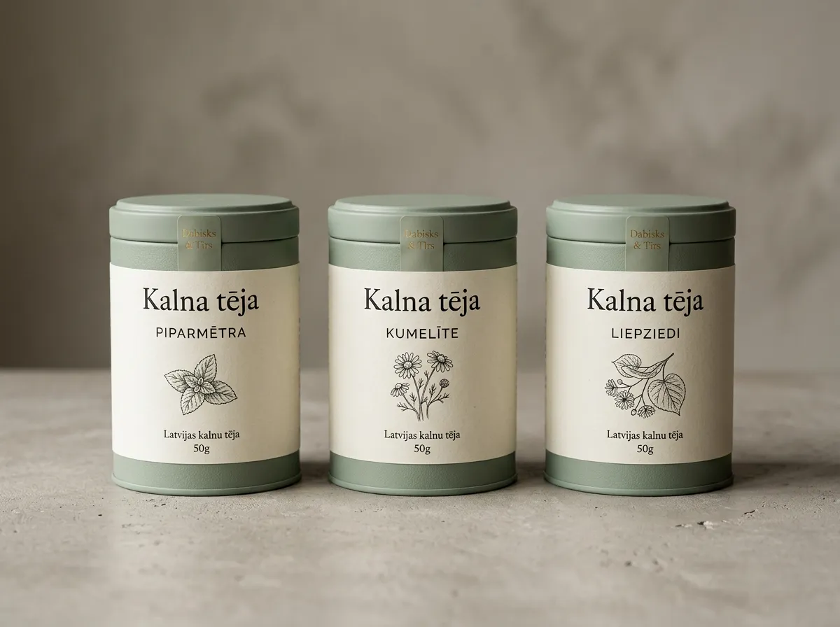 Trīs "Kalna tēja" tējas bundžiņas studijā